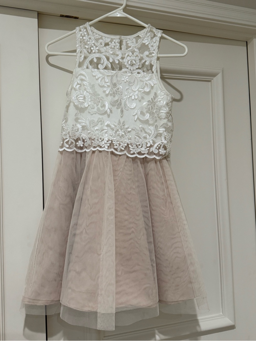 Rare Editions Lace Bodice Tulle Dress in White and Blush
